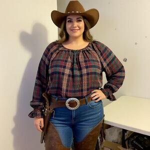 Chaps Women's Blouse Cotton 3X Multicolor Plaid Balloon Sleeve Holiday Western